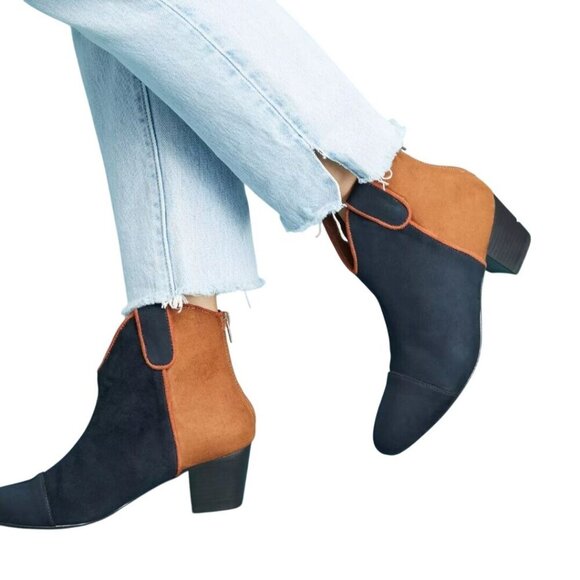Vanessa Wu Anthropologie Colorblock Western Ankle Boots Navy Tan Size 39/9 - Picture 8 of 11